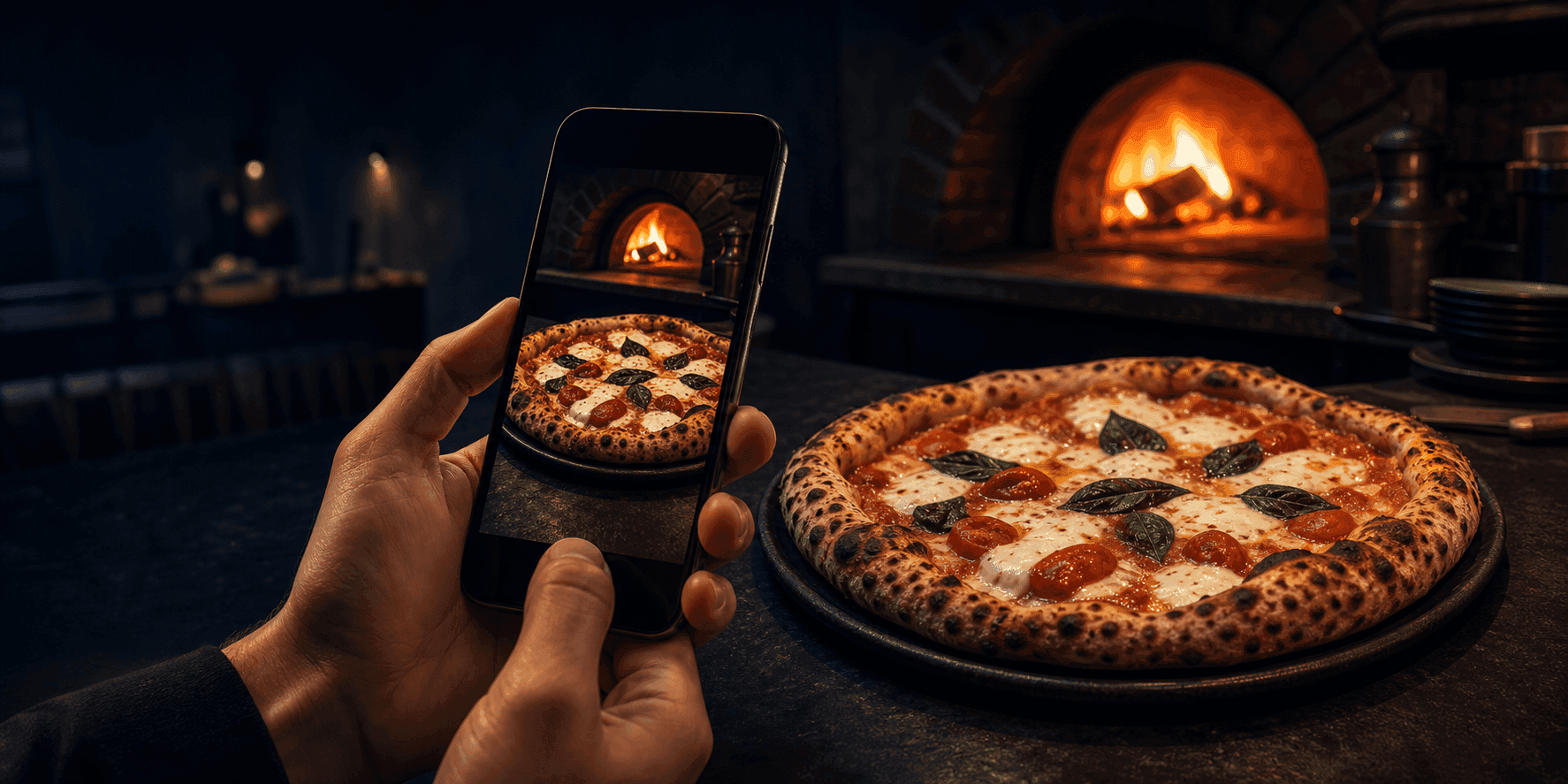 Celular fotografando uma pizza artesanal